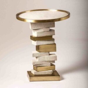 Side Table in Cream Shagreen with Bronze Patina Brass