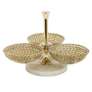 Triple Bowl Relish Dish Gold Rope Design and Marble Base