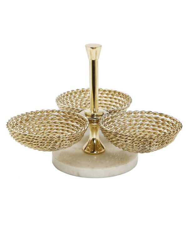 Triple Bowl Relish Dish Gold Rope Design and Marble Base