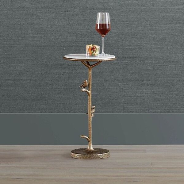 Aviary Brass-Finish Drink Table with White Marble Top