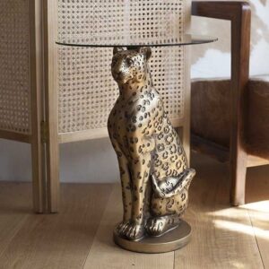 Antique Gold Leopard Side Table With Glass Top
